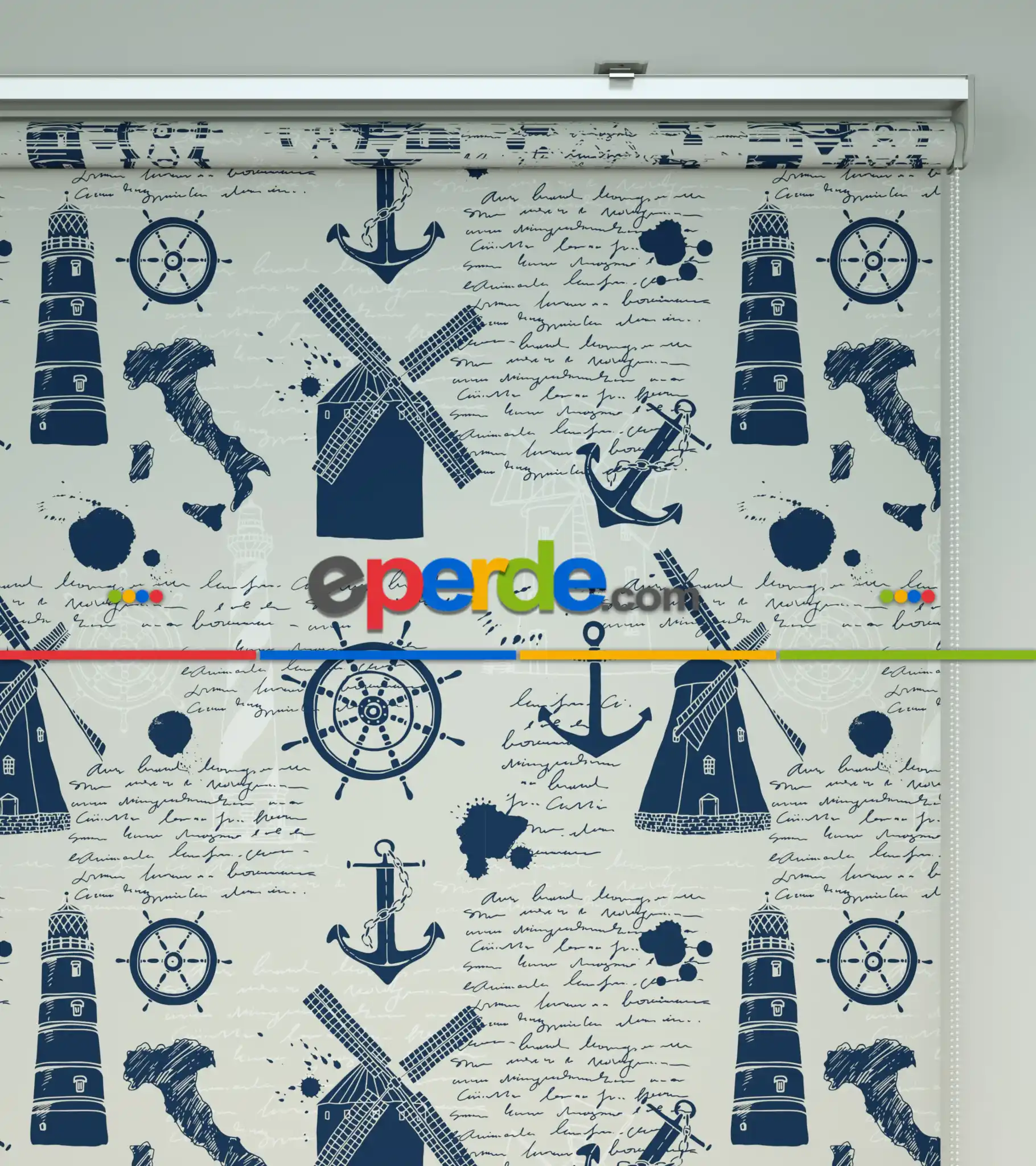 Deniz Feneri Baskılı Stor Perde- Mavi-beyaz