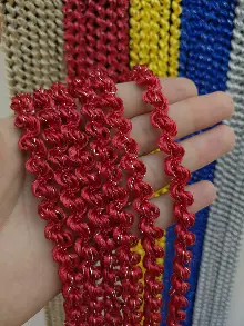 Mutfak İp Perde - Kırmızı Rengi İp Perde Duble Bukle Serisi- Kırmızı-gümüş