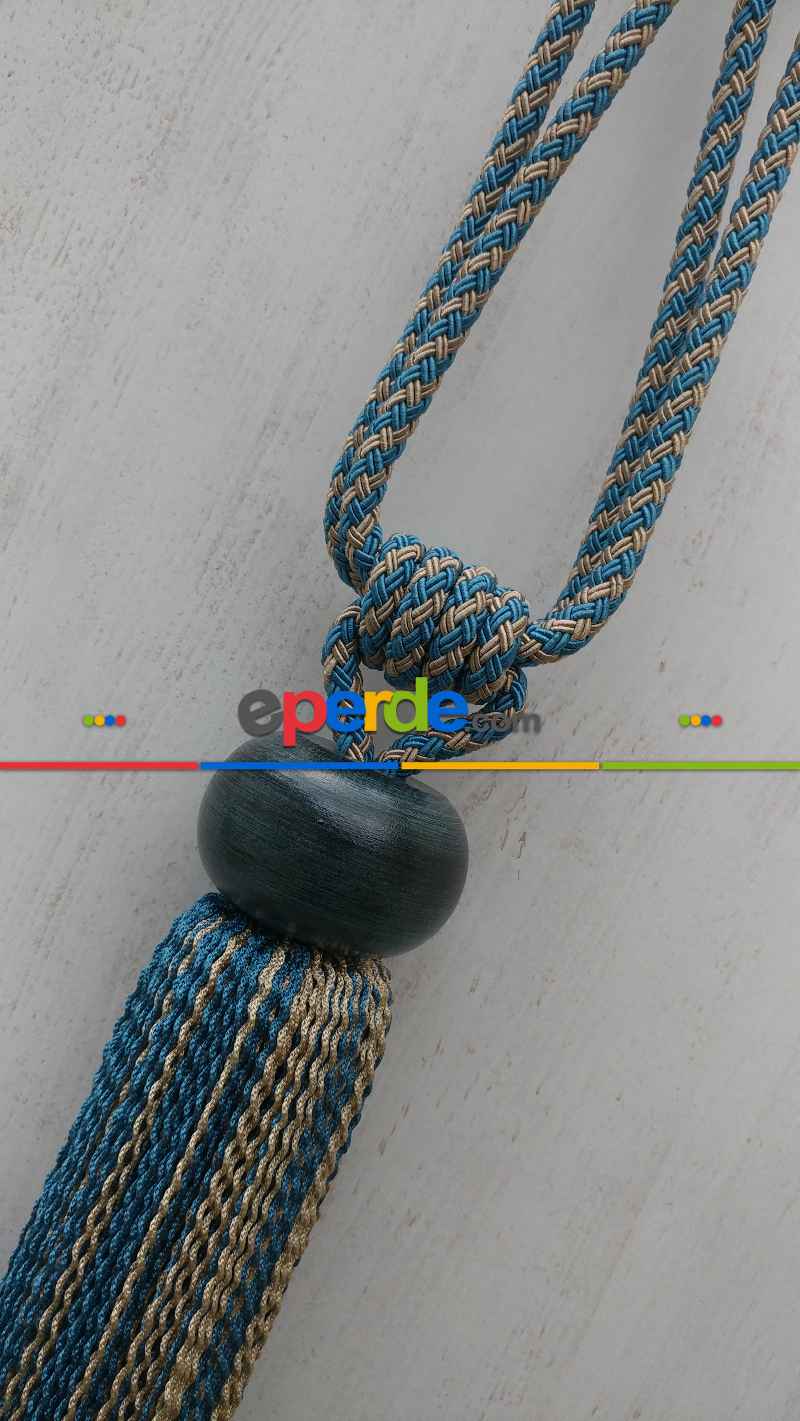 Ahşap Petrol Mavisi Braçol Perde Bağı- Petrol Mavisi