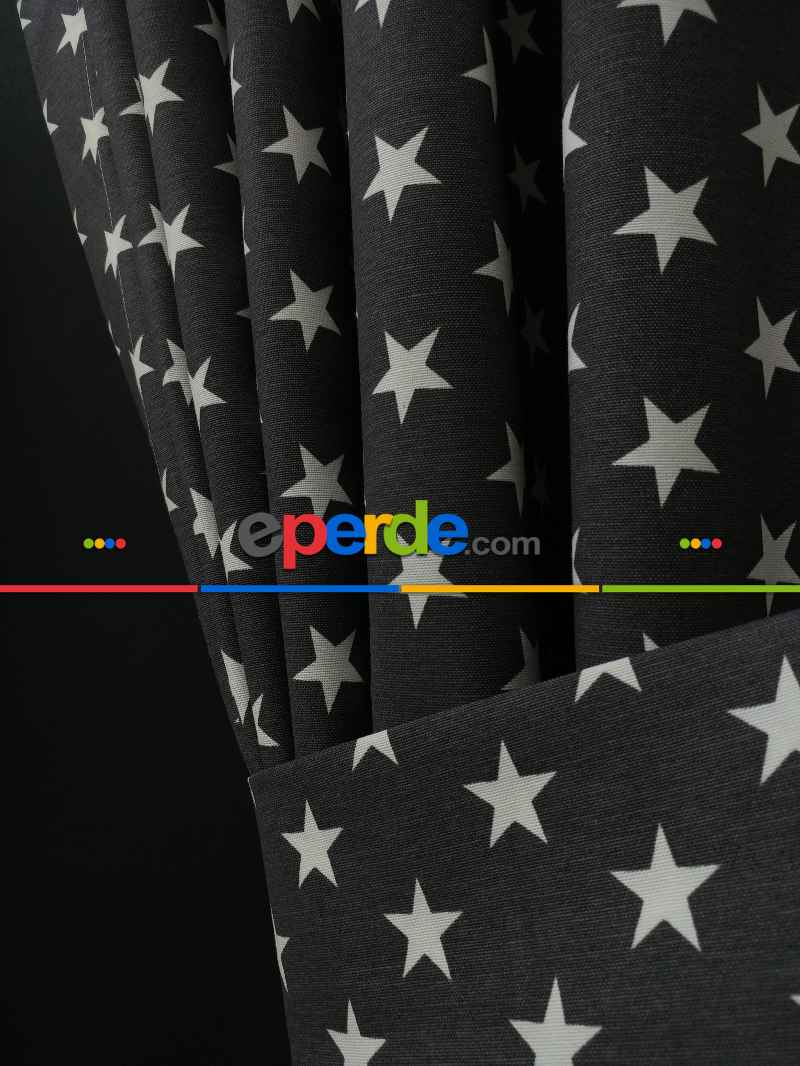 Siyah-beyaz Yıldız Desenli Fon Perde ( Leke Tutmaz )- Siyah-beyaz