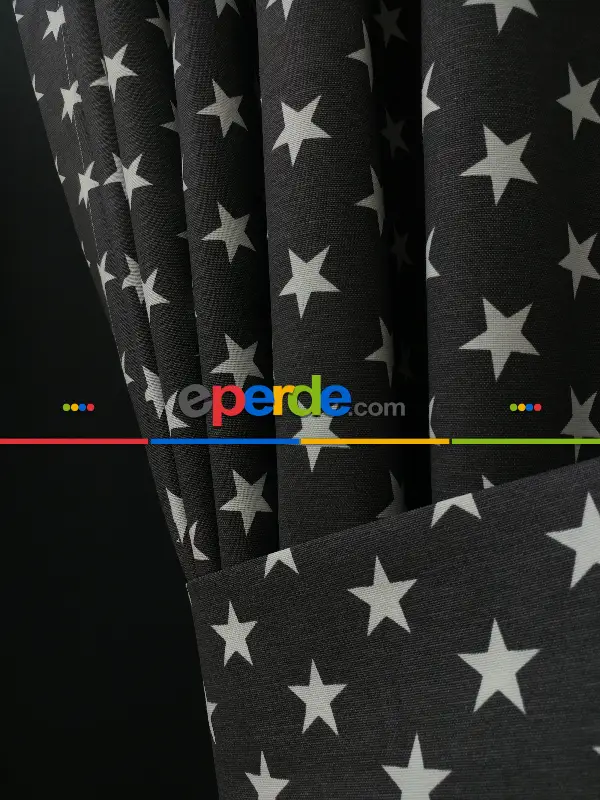 Siyah-beyaz Yıldız Desenli Fon Perde ( Leke Tutmaz )- Siyah-beyaz