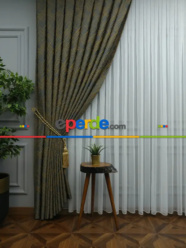 Jakar Desenli Fon Perde- Füme-hardal Sarısı