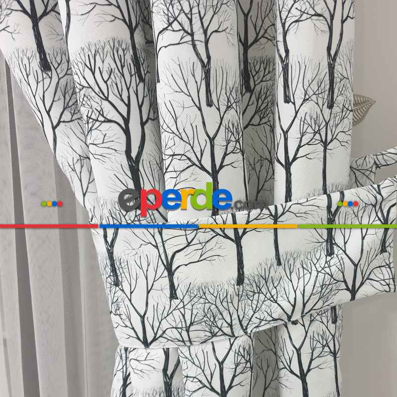 Siyah Mutfak Perdesi Kanat Fon Perde  Ağaç Desenli- Siyah