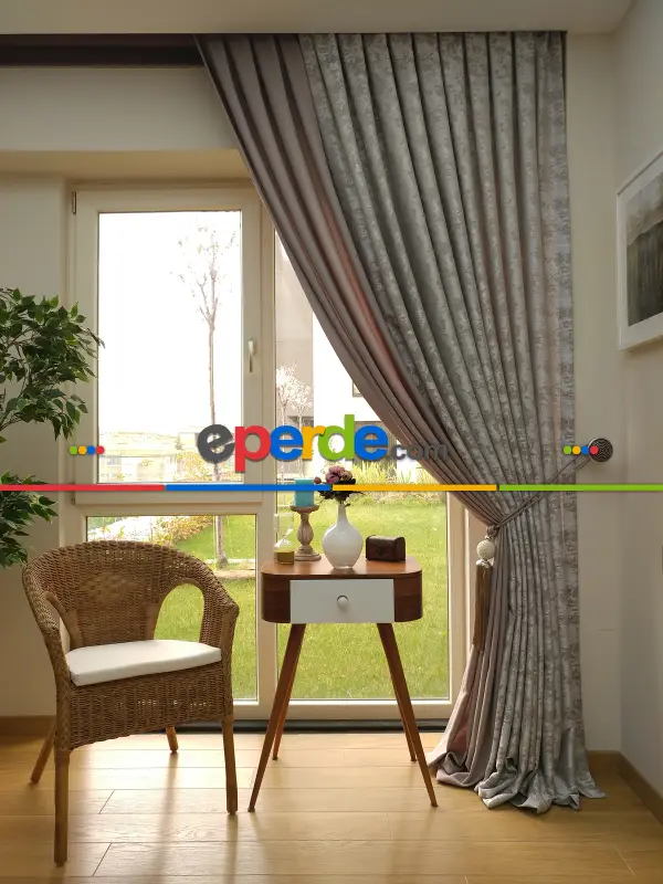 Patinedesenli Açık Vizon Pudra Renk Kombinli Desenli Fon Perde- Kahve Açık-gri Açık