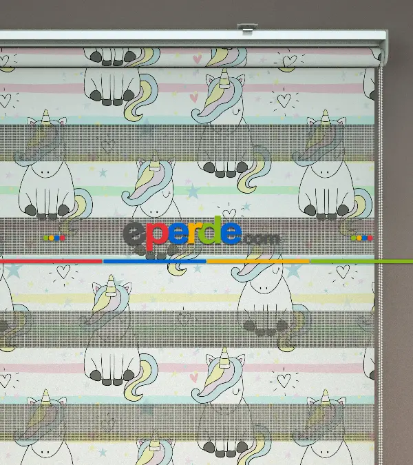Unicorn Desenli Baskılı Zebra Perde- Çok Renkli
