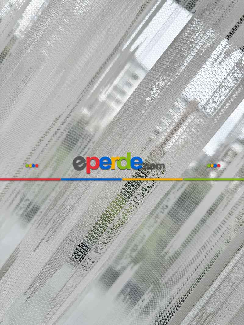 Oturma Odası - Çizgili Fransız Dantel Örme Tül Perde, Desenli Ütü İstemeyen Tül