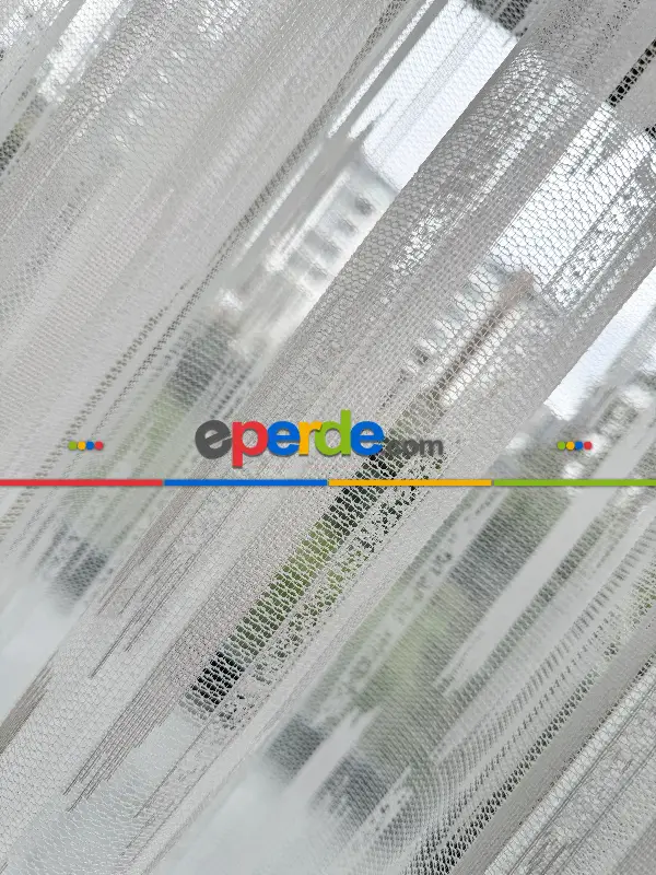 Oturma Odası - Çizgili Fransız Dantel Örme Tül Perde, Desenli Ütü İstemeyen Tül