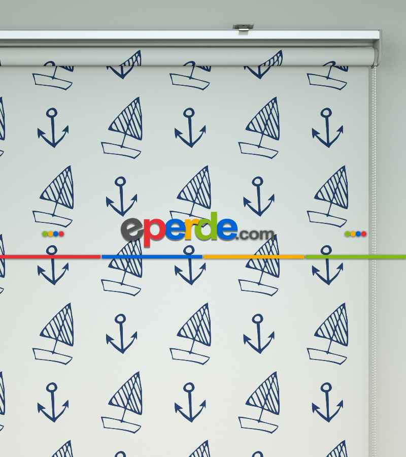 Çapa Ve Yelkenli Baskılı Stor Perde- Mavi-beyaz