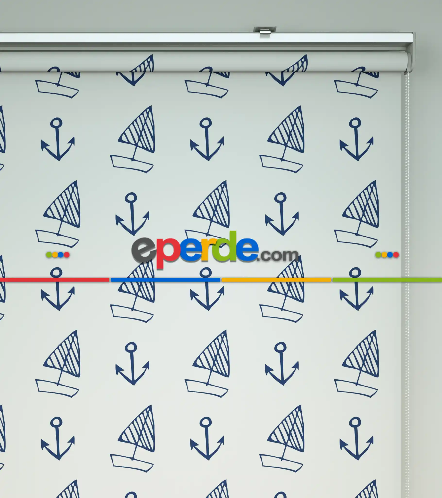 Bebek Odası Stor Perde - Çapa Ve Yelkenli Baskılı Stor Perde- Mavi-Beyaz