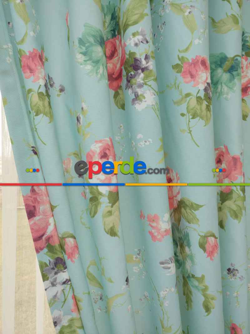 Karaca Mint Çiçekli Hazır Fon Perde - Kumaşı Kalındır Duck Bezi Değildir- Pembe-mint