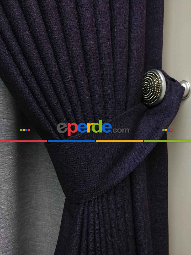 Keten Patlıcan Moru Rengi Düz Fon Perde- Mor Patlıcan Moru