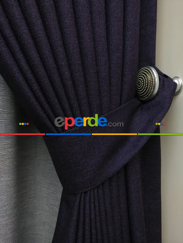 Salon Fon Perde - Keten Patlıcan Moru Rengi Düz Fon Perde- Mor Patlıcan Moru