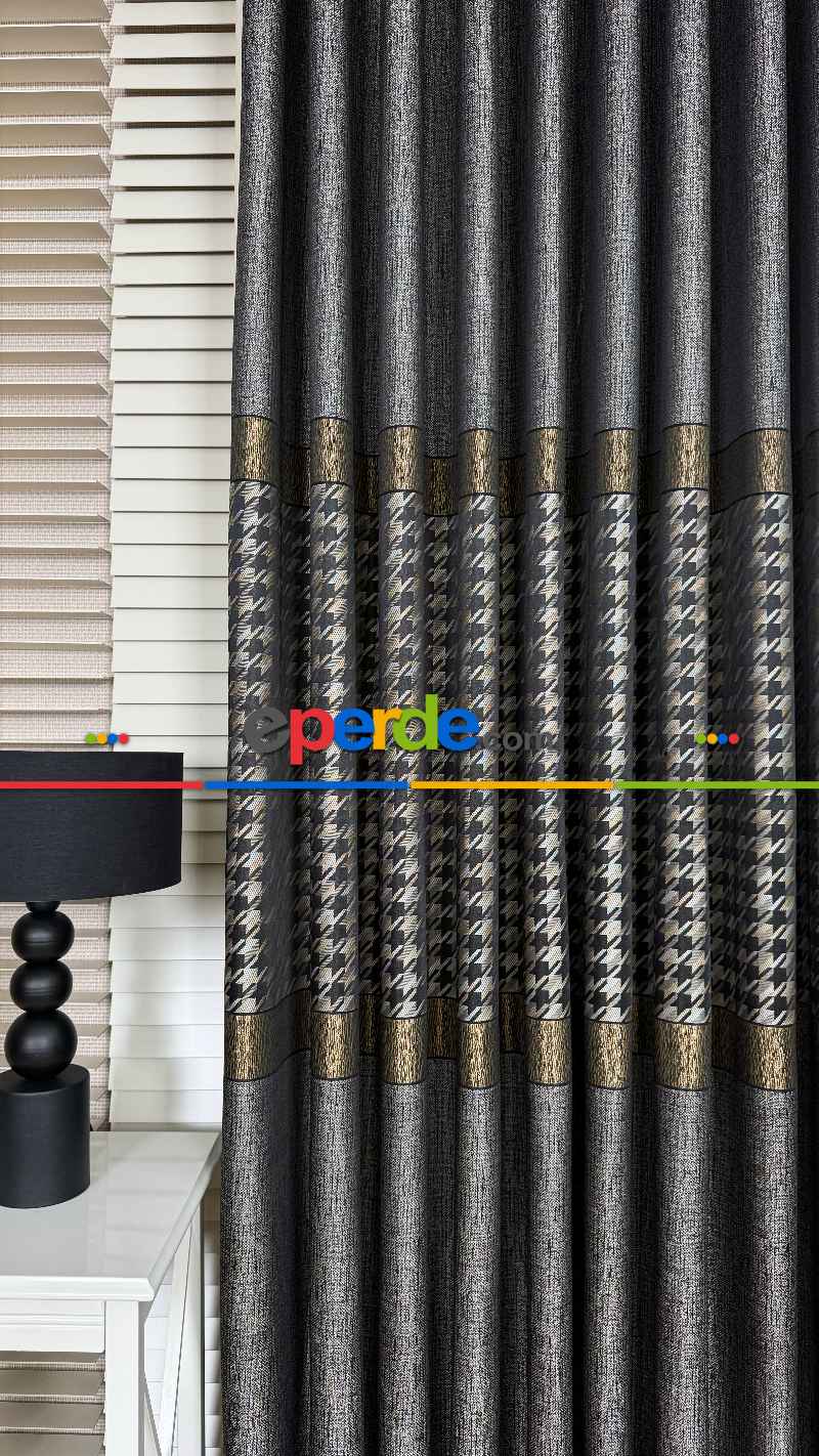 Antrasit Gri Altın Fon Perde, Pano Kazayağı Desenli Jakar Dokuma Fon Perde