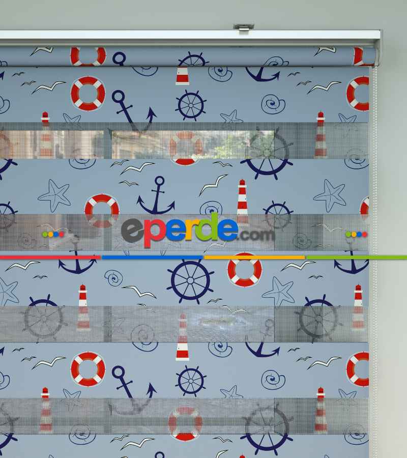 Çocuk Odası Zebra Perde - Denizci Desenli Baskılı Zebra Perde- Çok Renkli