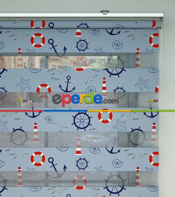 Bebek Odası Zebra Perde - Denizci Desenli Baskılı Zebra Perde- Çok Renkli