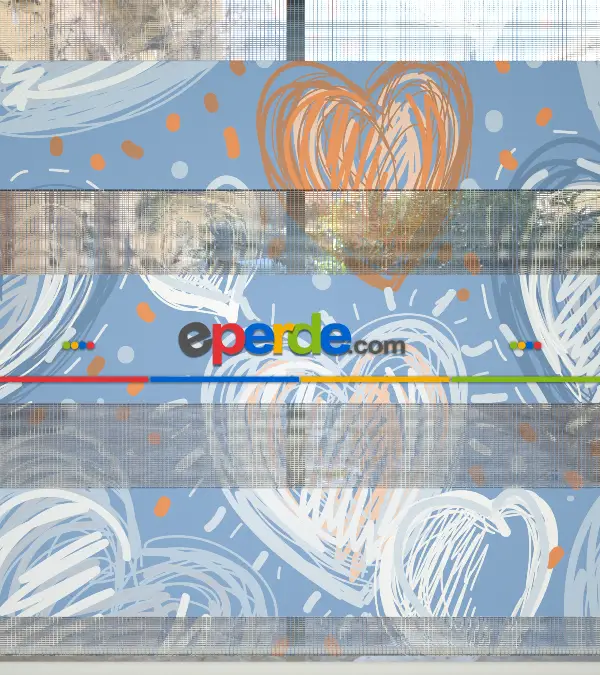 Çocuk Odası Zebra - Kalp Desenli Baskılı Zebra Perde- Çok Renkli