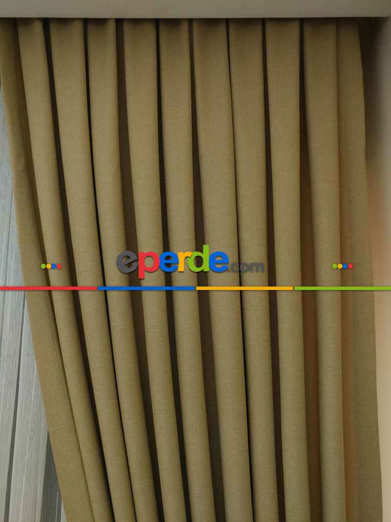 Yatak Odası - Keten Açık Be Rengi Düz Fon Perde- Taş Rengi