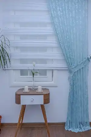 Dantel Damask Desen Tül Fon Perde - Turkuaz- Turkuaz