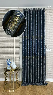 Lacivert Mavi Altın Fon Perde, Kazayağı Desenli Jakar Dokumadır. Pano Fon