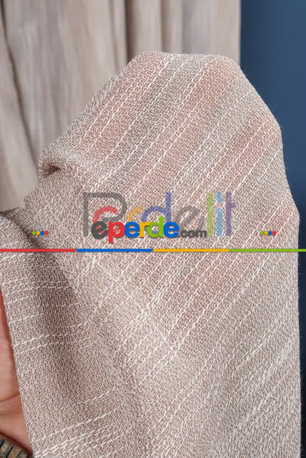 Yeni Sezon Çizgili Kahverengi Keten Görünümlü Tül Perde