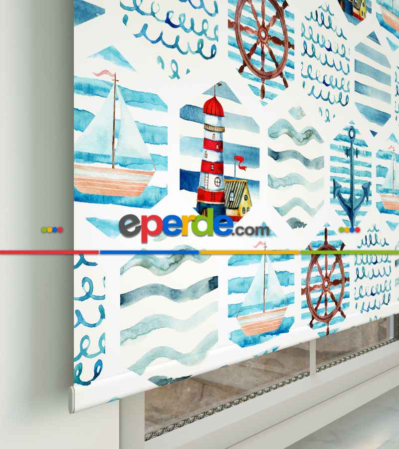 Deniz Feneri Baskılı Stor Perde- Yeşil-mavi-beyaz