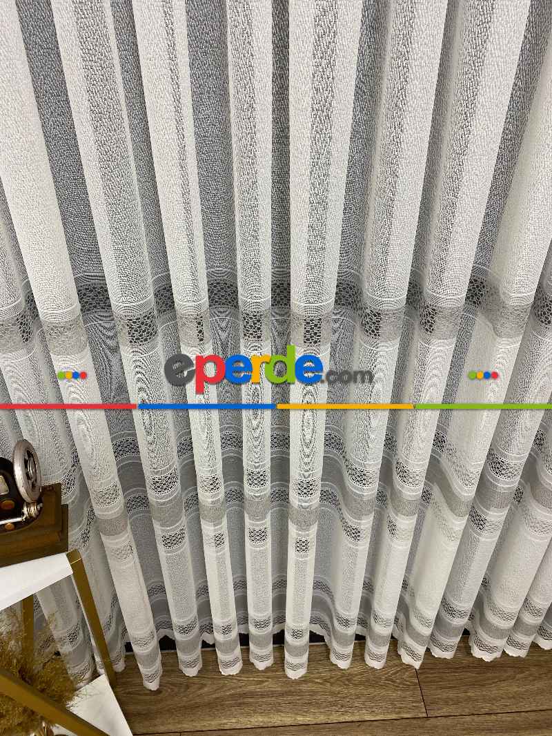 Gri Çizgili Tül Perde - Spor Desenli - Tül Perde - Örme Tül Perde - Ütü İstemeyen