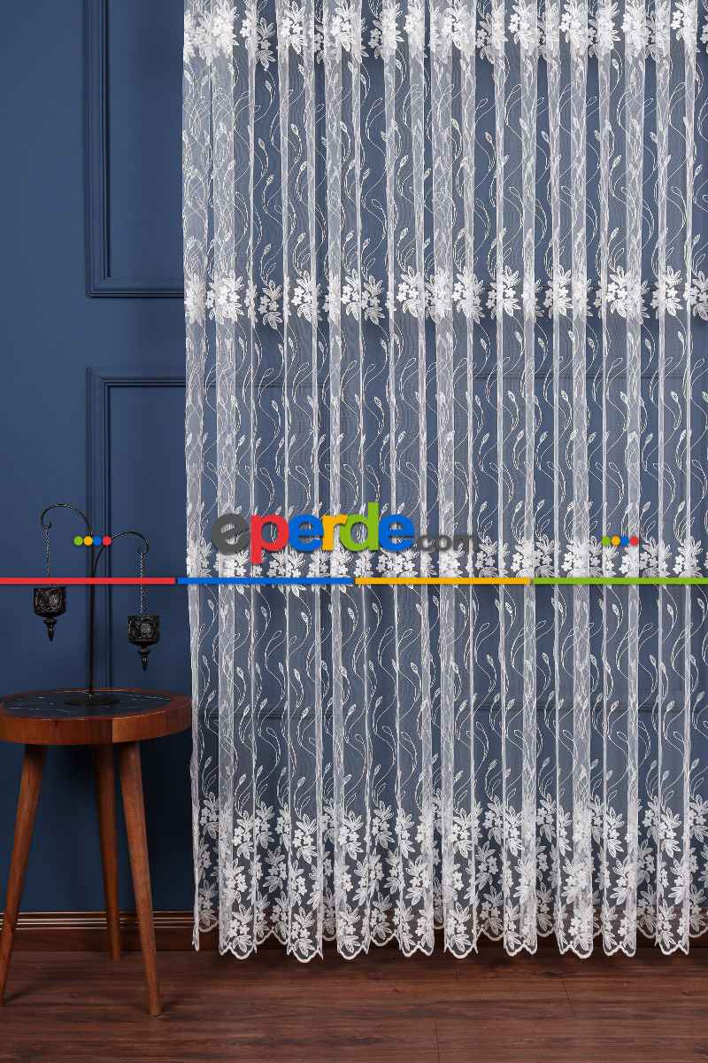 Mutfak Brode Işlemeli Sarmaşık Desen Çiçekli Tül Perde