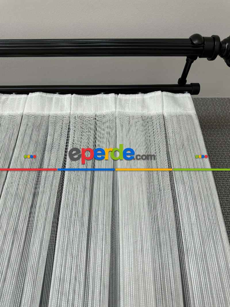 Ekru Çizgili Zincir Desenli Düz Tül Perde - Gramajlı Kurşunlu Tül Perde