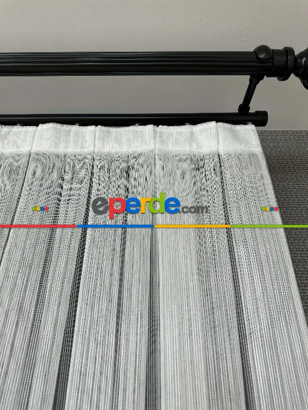 Ekru Çizgili Zincir Desenli Düz Tül Perde - Gramajlı Kurşunlu Tül Perde