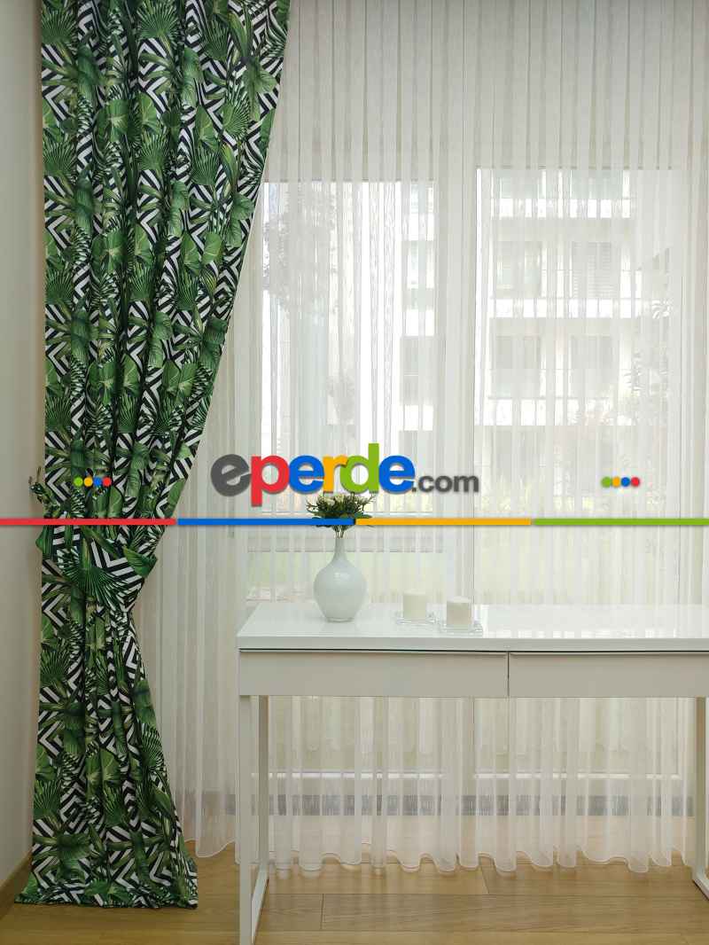 Tropikal Yaprak Desenli Fon Perde - Kumaşı Kalındır Duck Bezi Değildir- Siyah-Yeşil-Beyaz