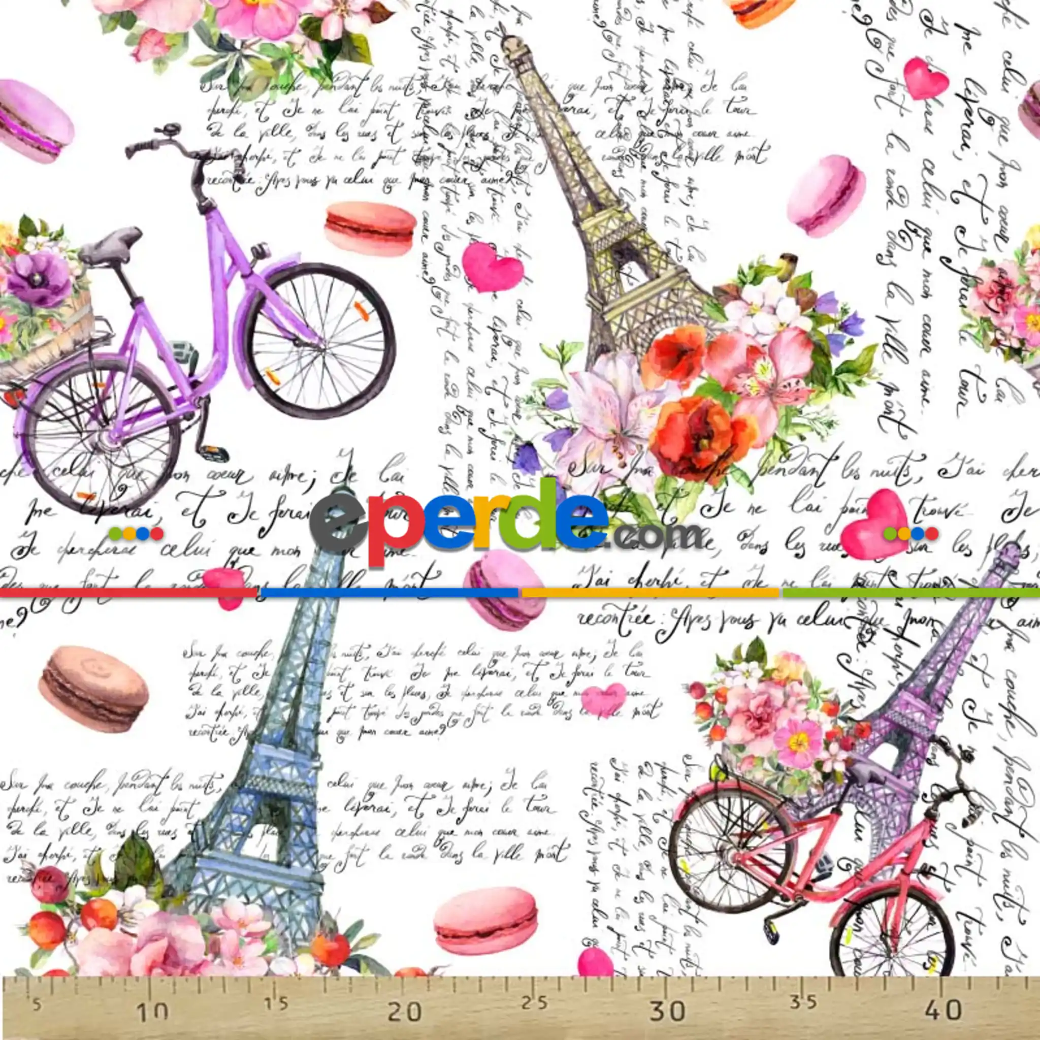 Eyfel Ve Bisiklet Desenli Fon Perde Evm823 Kumaşı Kalındır Duck Bezi Değildir- Beyaz-Pembe