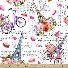 Eyfel Ve Bisiklet Desenli Fon Perde Evm823 Kumaşı Kalındır Duck Bezi Değildir- Beyaz-Pembe