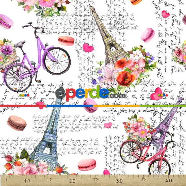 Genç Odası - Eyfel Ve Bisiklet Desenli Fon Perde Evm823 Kumaşı Kalındır Duck Bezi Değildir- Beyaz-Pembe