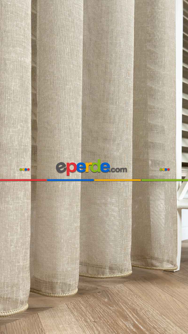 Keten Ekru Bej Degrade Geçişli Tül Perde, Ağır Gramajlı Premium Seri, Eteği Kurşunlu