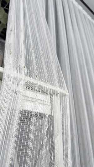 Ekru Zincir Çizgilli Altın Simli Tül Perde