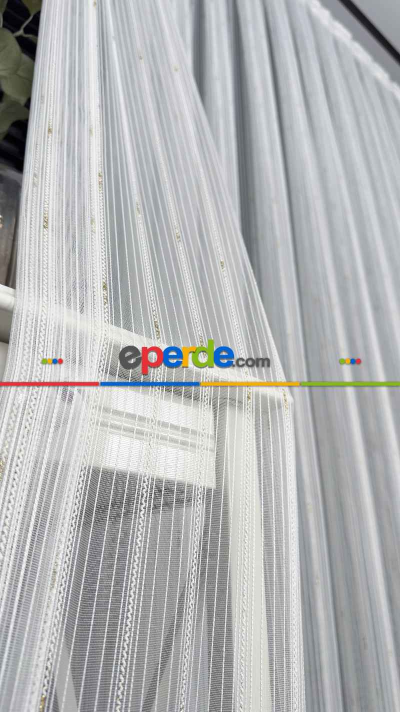 Ekru Zincir Çizgilli Altın Simli Tül Perde