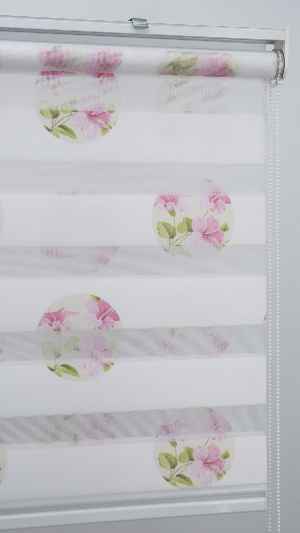 Çiçekli Desen Zebra Perde- Pembe-beyaz Buz Beyazı