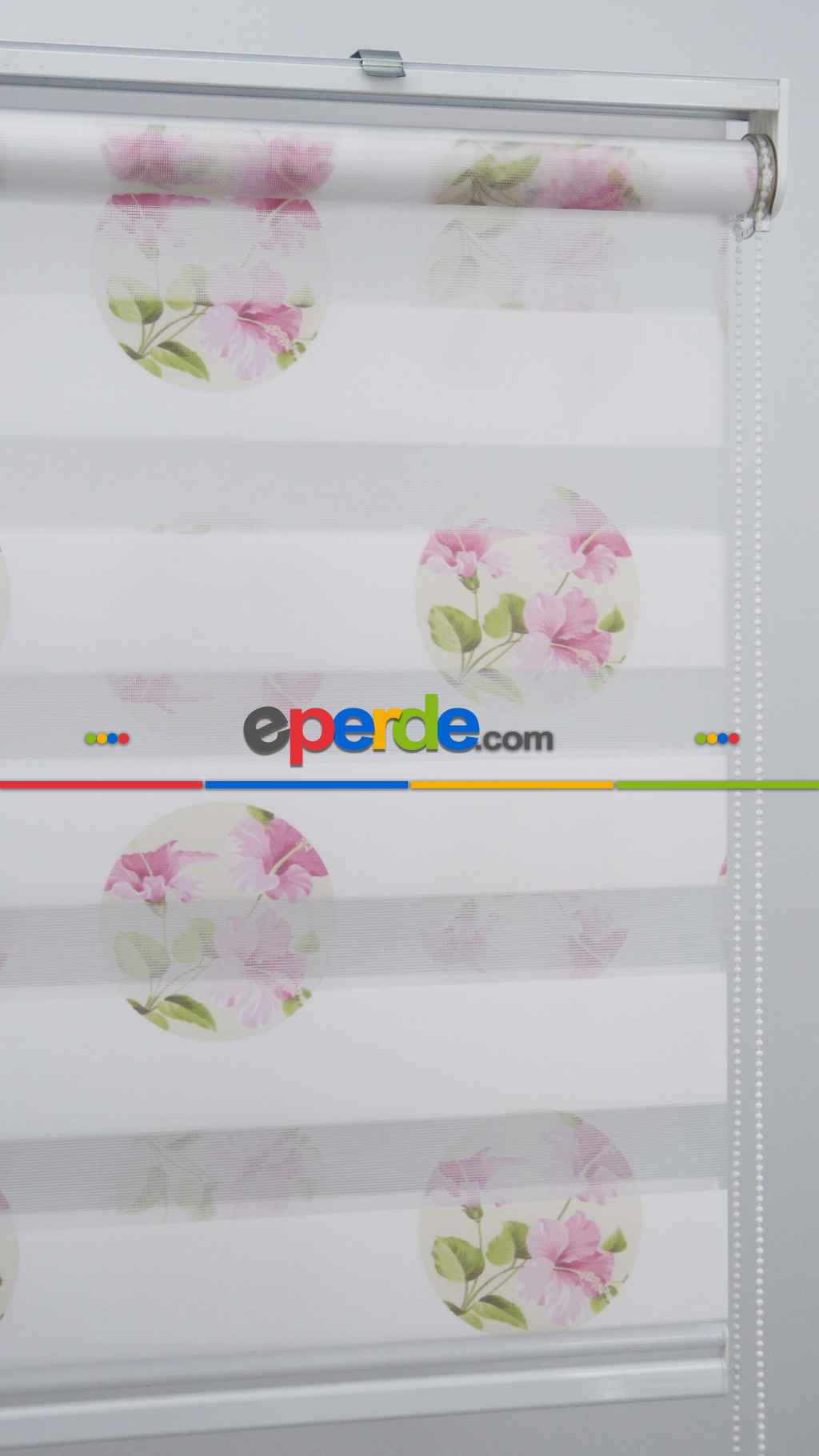 Çiçekli Desen Zebra Perde- Pembe-beyaz Buz Beyazı