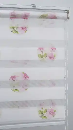 Çiçekli Desen Zebra Perde- Pembe-beyaz Buz Beyazı