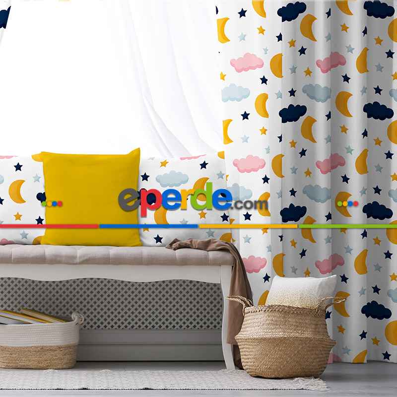 Gökyüzü Bulut Desenli Fon Perde Evim835 Kumaşı Kalındır Duck Bezi Değildir- Mavi-beyaz