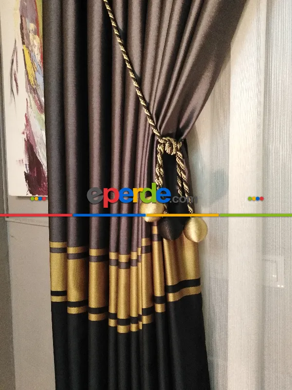 Yeni Sezon Antrasit,siyah Renk Gold Detaylı Pano Taç Fon Perde Tavan Bağlama Braçol Hediyeli