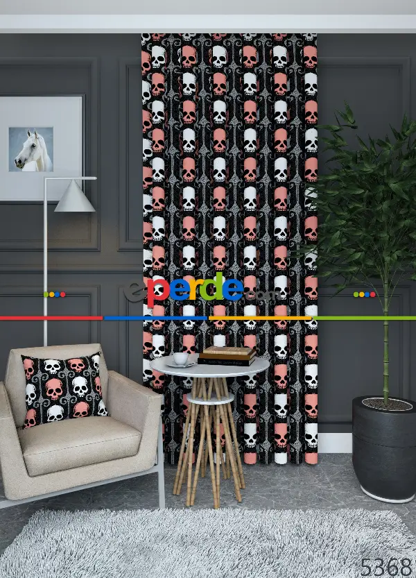 Dökümlü Kumaştan Geniş En Kuru Kafa Desenli Fon Perde 1. Kalite