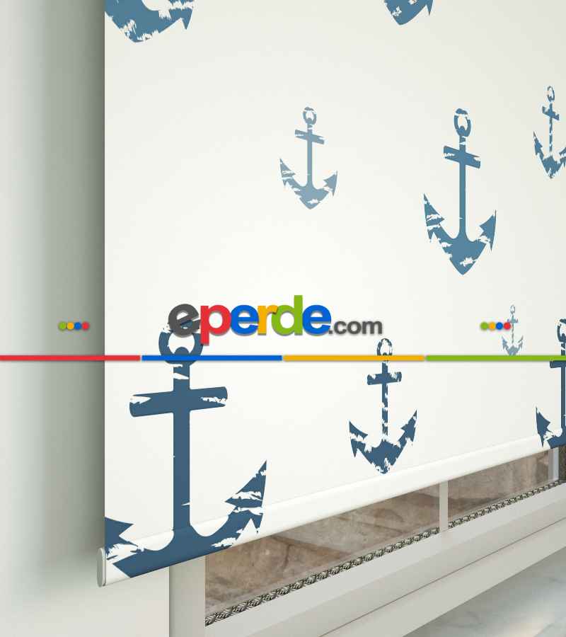 Çapa Desenli Baskılı Stor Perde- Mavi-gri-füme-antrasit-ekru