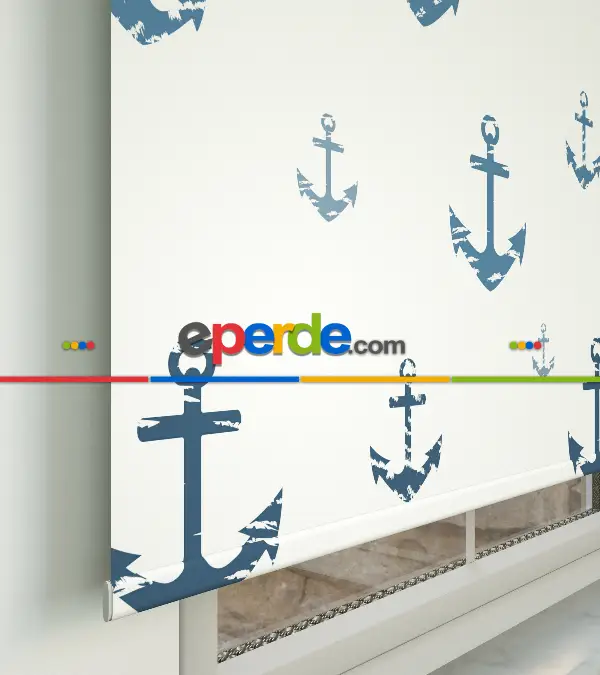 Çapa Desenli Baskılı Stor Perde- Mavi-gri-füme-antrasit-ekru