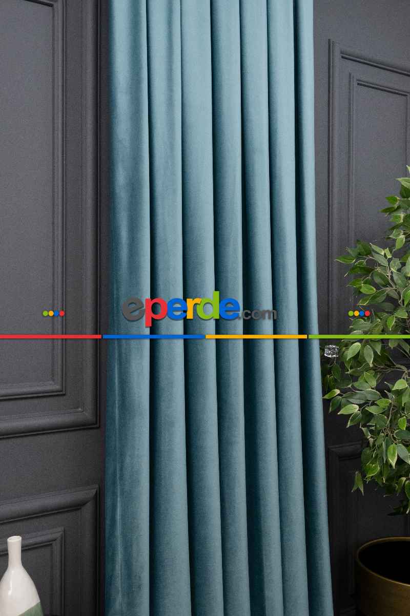 Yatak Odası - İthal Kadife Fon Perdelik Geniş Enli ( Turkuaz)