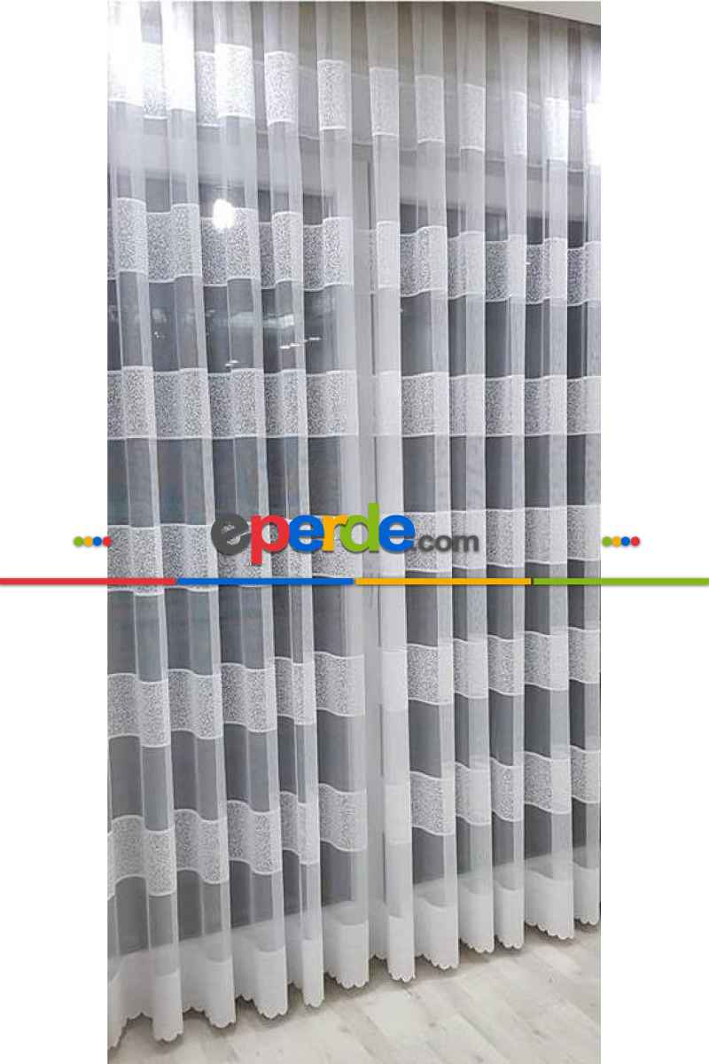 Tül Perde - Spor Desenli Tül - Ft Serisi Ara Bantlı Yatay Çizgili Tül Perde - Ekru Açık Krem