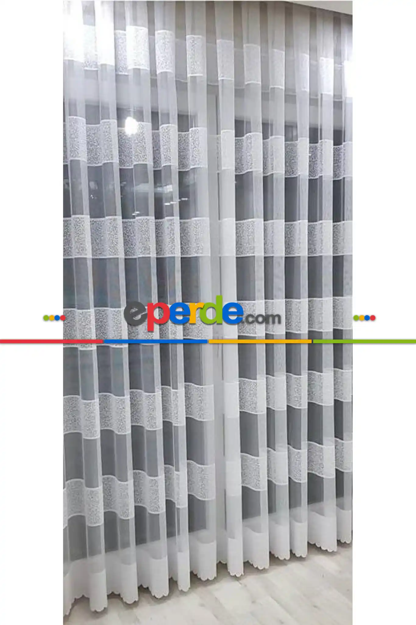 Tül Perde - Spor Desenli Tül - Ft Serisi Ara Bantlı Yatay Çizgili Tül Perde - Ekru Açık Krem