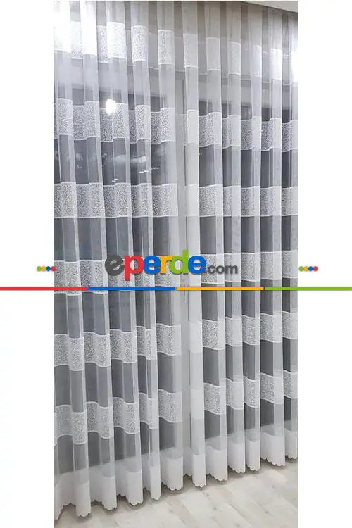 Tül Perde - Spor Desenli Tül - Ft Serisi Ara Bantlı Yatay Çizgili Tül Perde - Ekru Açık Krem