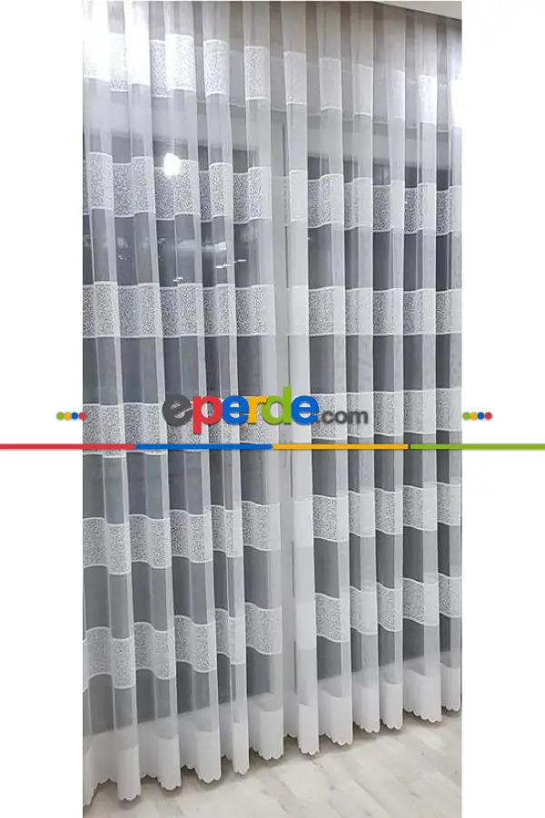 Mutfak - Ft Serisi Ara Bantlı Yatay Çizgili Model Desen Tül Perde- Ekru