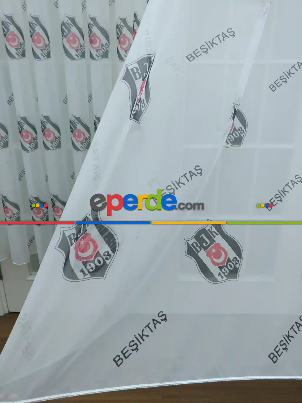 Beşiktaş Desenli Tül Perde Hazır Dikili Tül Sıkpile- Siyah-Beyaz